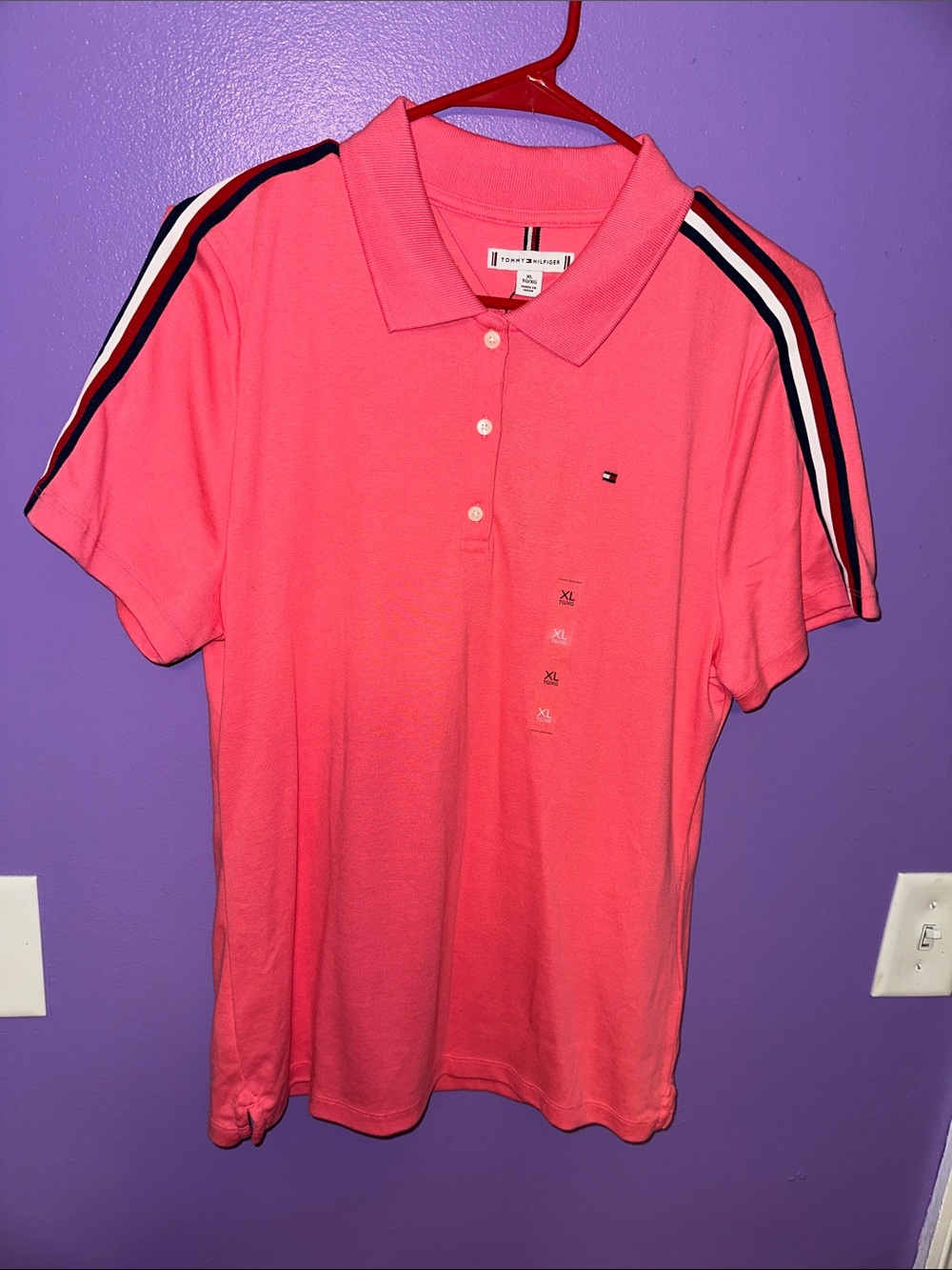 Tommy Hilfiger Pink Polo with Navy & White Shoulder Stripes preppy professional